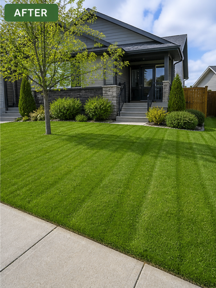 Lawn after service — clean cut, striped, weed-free